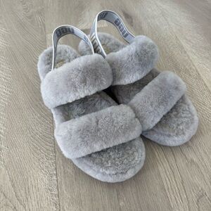 UGG Oh Yeah Double Flat Slingback Slipper Sandals Fuzzy Soft Gray Size 9